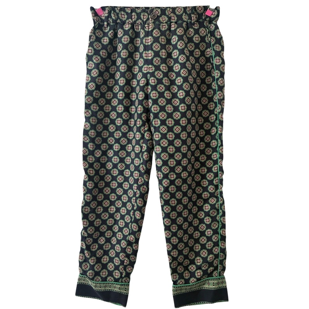 J.Crew 100% Silk Medallion Print Tapered Pants Navy Green Pink 28 Waist